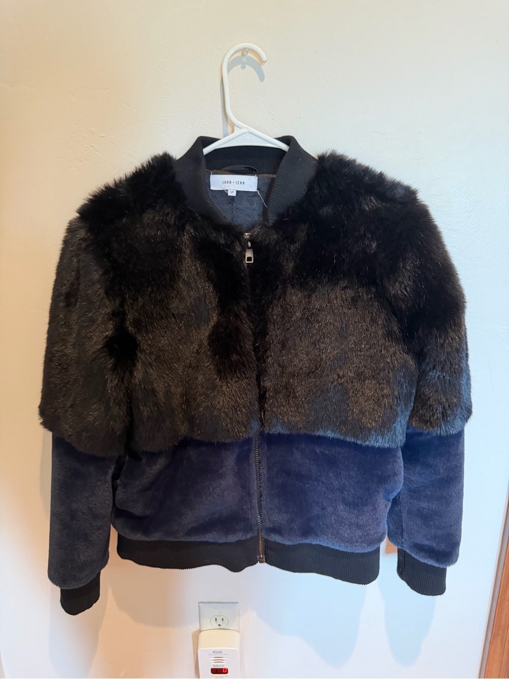 John + Jenn Black and Navy Faux Fur Bomber Jacket